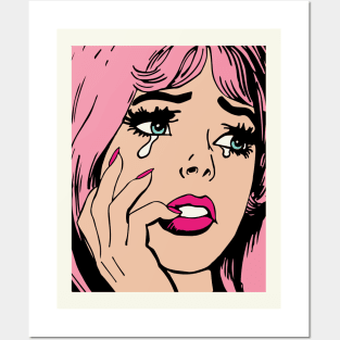 Pink Hair Sad Crying Girl Vintage Comic 50s Posters and Art